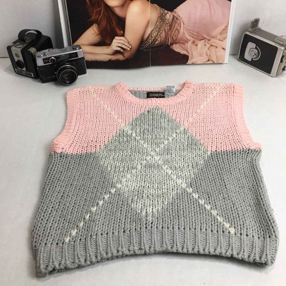 Vintage 80s Argyle Sweater Vest | Soft Preppy Knit · Pink Gray Ramie Blend Med - Picture 1 of 7